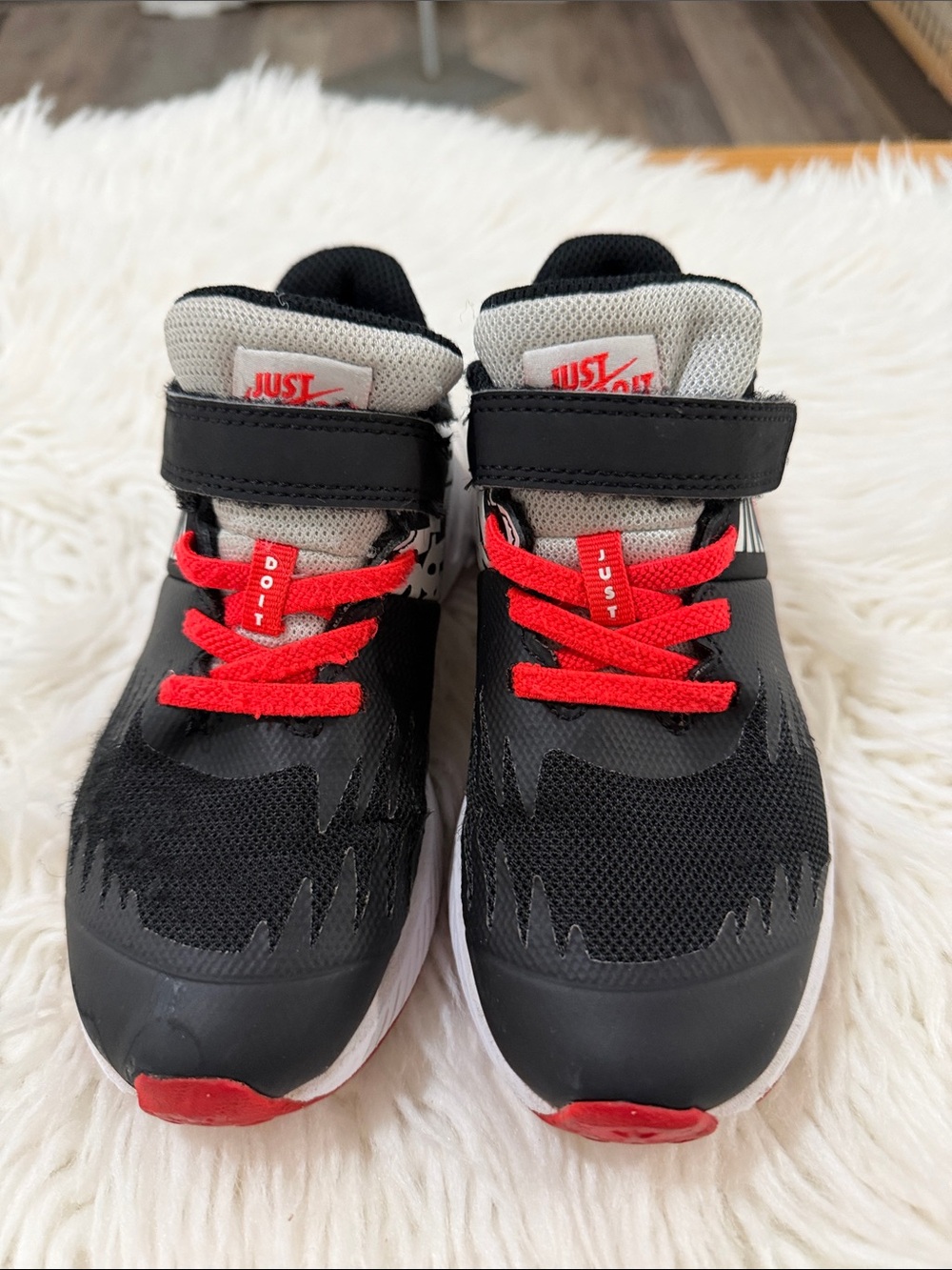 Nike Kids Black and Red High-Top Sneakers with Hook-and-Loop Strap Size 12